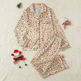 Women's Charming Hand-Drawn Ditsy Floral & Botanical Pattern with Muted Deep Red, Forest Green on Pale Cream Yellow Satin Pajamas Set