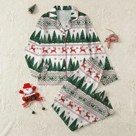 Women's Scandinavian Folk Art Red Green White Reindeer Evergreen Forest Geometric Band Pattern Satin Pajamas Set