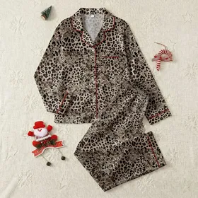 Women's Realistic Beige-Brown Leopard Print with Interwoven Flat Black Floral Filigree Lace Satin Pajamas Set