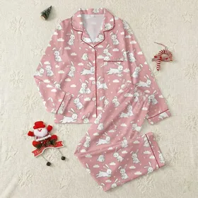 Cozy Style Lovers' Whimsical Rose Pink Seamless Pattern with Playful White & Blush Bunny Clouds & Hearts Satin Pajamas Set