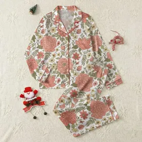 Women's Naturalistic Hand-Drawn Floral Muted Coral Pink Terracotta Olive Green Botanical Satin Pajamas Set