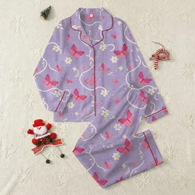 Women's Elegant Lilac Butterfly Rose Pink Pearl Floral Lavender Filigree Pattern Satin Pajamas Set