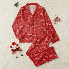 Women's Deep Red All-Over White Script 'Queen' & Minimalist Crown Motif Satin Pajamas Set