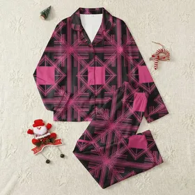 Women's Bold Black Hot Pink Tessellating Geometric Buffalo Plaid Stripe Pattern Satin Pajamas Set