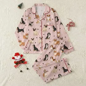 Dog Lovers' Blush Pink Diverse Dog Breed Puppy Illustrative Pattern with Warm Tones & Black Stars Satin Pajamas Set