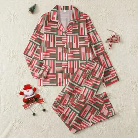 Women's Festive Interlocking Geometric Stripe Art with Pink, Red, Green, White Satin Pajamas Set