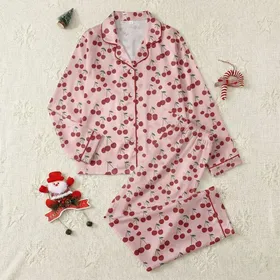 Women's Illustrative Flat Dark Red Cherry Green Stem Pastel Pink Pattern Satin Pajamas Set