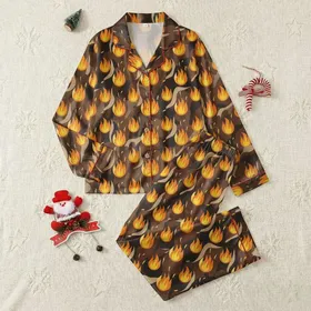 Modern Art Lovers: Bold Flat Iconographic Flame Motif Vibrant Orange Yellow Deep Chocolate Charcoal Abstract Satin Pajamas Set