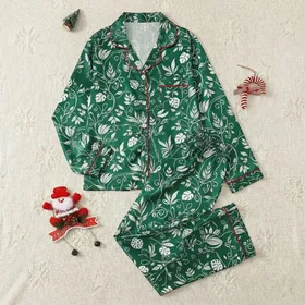 Women's Elegant Pure White Botanical Leaf & Vine Seamless Emerald Green Pattern Satin Pajamas Set