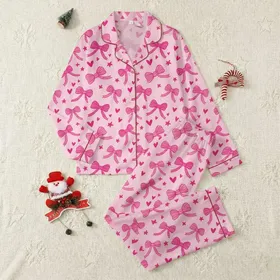 Women's Vibrant Fuchsia Pink Bows Cascading Ribbons Tiny Hearts Bubblegum Pattern Satin Pajamas Set