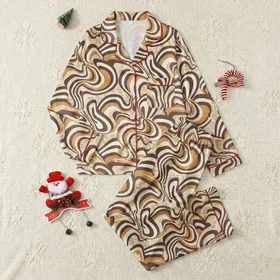 Women's Abstract Psychedelic Marbled Waves Espresso Cream Caramel Beige Satin Pajamas Set