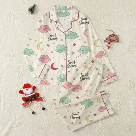 Women's Seamless Cute Sleeping Clouds Mint Green Pink Fuchsia Stars Crescent Moons on Pale Cream, Black 'Sweet Dreams' Script Satin Pajamas Set