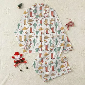 Women's Whimsical Western Rust Boots, Tan Hats, Teal Cacti & Coral Flowers Pattern Satin Pajamas Set