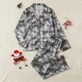 Expressive Individuals' Heather Grey Monochromatic Plaid 'NOPE Not Today' Bold & Script Text Design Satin Pajamas Set