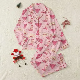 Women's Playful Western Cowboy Boots & Hats Heart Lasso Fuchsia Bubblegum Pink Pale Pink Pattern Satin Pajamas Set