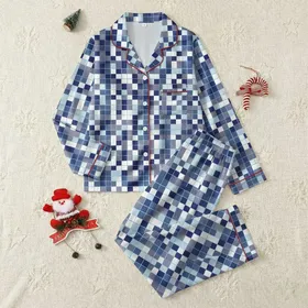 Women's Dynamic Deep Royal Blue White Sky Blue Sharp-Edged Geometric Plaid Tessellation Satin Pajamas Set