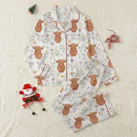 Women's Whimsical Watercolor Highland Cow Wildflower Dusty Lavender Sage Green Pattern Satin Pajamas Set