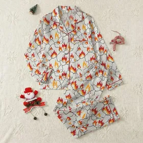 Women's Speckled Gray Fissure Design with Vibrant Orange Yellow Red Stylized Flames Satin Pajamas Set
