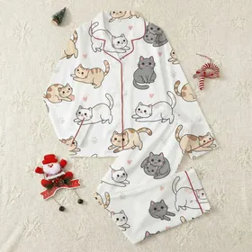 Cat Lovers' Whimsical Cartoon Cats with Beige Grey Brown White Patches, Pink Hearts, Paw Prints Satin Pajamas Set