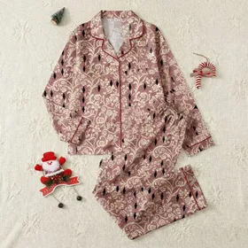 Women's Intricate Vintage Floral Lace Pattern Ecru on Dusty Rose Pink with Black Accents Seamless Vector Art Design Satin Pajamas Set