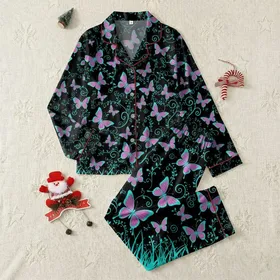 Women's Ethereal Neon Teal Magenta Butterfly & Cyan Vine All-Over Pattern Satin Pajamas Set