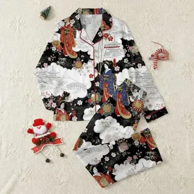 Women's Japanese Ukiyo-e Geisha, Cherry Blossom & Pagoda Art Print in Red, Gold, Blue, Black & White Satin Pajamas Set