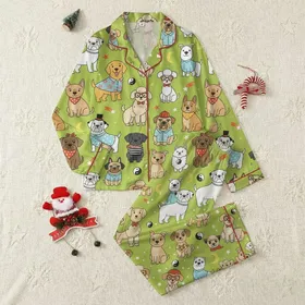 Dog Lovers' Energetic Lime Green Cartoon Dogs with Quirky Outfits & Whimsical Elements Satin Pajamas Set
