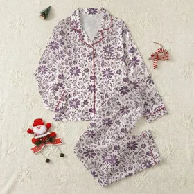 Women's Hand-Drawn Plum Floral Botanical Silhouette Pattern on Creamy Off-White Satin Pajamas Set