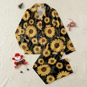 Women's Dense Mustard Yellow Sunflower & Olive Abstract Floral Black Tapestry Satin Pajamas Set