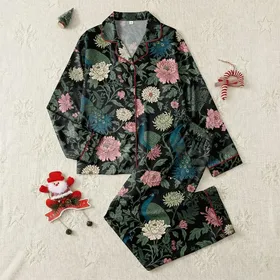 Women's Opulent Chinoiserie Peacock & Botanical Pattern with Emerald, Teal, Rose, Peach on Black Satin Pajamas Set