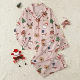 Women's Soft Pink Whimsical Christmas Santa Reindeer Gingerbread Elf Snowman Scattered Pattern Satin Pajamas Set