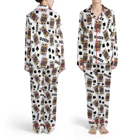 Women's Graphic Flat Queen of Spades Playing Card Pattern Black Red Blue Yellow Dynamic Spade Symbols QUEEN Text Satin Pajamas Set