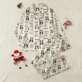 Women's Playful Cartoon Panda Pink Cherry Cream Black Green Hand-Drawn Scatter Design Satin Pajamas Set