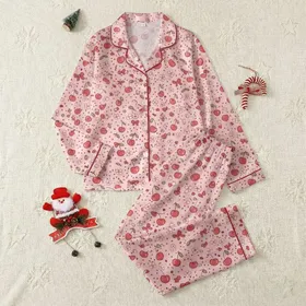 Women's Whimsical Pink Cherry Bow Scattered Pattern, Red Cherries, Petite Bows & Dotted Blossoms Satin Pajamas Set