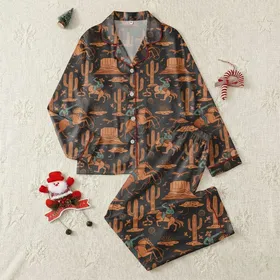 Western Enthusiasts' Illustrative Charcoal Desert Bucking Bronco & Cactus Pattern with Burnt Orange & Teal Satin Pajamas Set