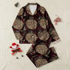 Women's Bold Golden Brown Leopard & Marbled Burgundy Abstract with Black Lace Design Satin Pajamas Set