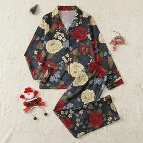 Women's Dark Charcoal Vintage Botanical Peony Floral Pattern with Cream, Crimson, Navy, Olive Hues Satin Pajamas Set