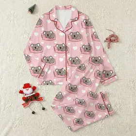 Women's Cute Sleeping Koalas & Scattered Hearts Pastel Pink Warm Grey Cartoon Illustrative Pattern Satin Pajamas Set