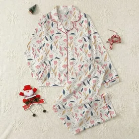 Adults' Seamless All-Over Illustrative Botanical Pattern, Rose Pink Charcoal Blue Champagne Beige Flowers Slender Leaves Black Outlines Off-White Background Satin Pajamas Set