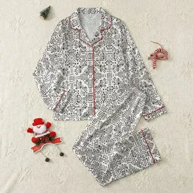 Minimalist Style Lovers' Monochromatic Geometric Black White Tessellated Square Pattern Satin Pajamas Set
