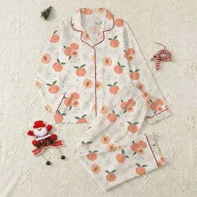 Women's Creamy White Sweet Illustrative Peachy Orange Blush Peach Green Leaf Whimsical Pattern Satin Pajamas Set