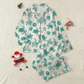 Women's Graphic Hand-Drawn Teal Aqua Sea Turtle Seashell Starfish Pattern Satin Pajamas Set