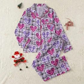 Women's Graphic Hot Pink Lavender Plaid Hearts Pattern with White 'LOVE' Script Satin Pajamas Set