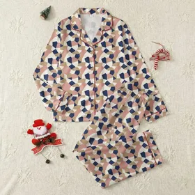 Women's Interlocking Abstract Geometric Pattern Off-White Muted Navy Blush Tan Satin Pajamas Set