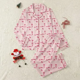 Women's Delicate Pale Blush Pink Pearl Heart Hot Pink Bow Ribbon Pattern Satin Pajamas Set