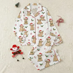 Women's Whimsical Christmas Highland Cow Santa Hat Holly Candy Cane Seamless Print Satin Pajamas Set