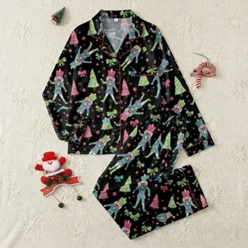 Holiday Enthusiasts' Whimsical Hand-Drawn Nutcracker & Bows Pattern in Fuchsia, Teal, Yellow, Black Satin Pajamas Set