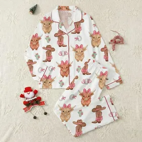 Women's Charming Western Pink Bow Highland Cow Boots Cactus Watercolor Pattern Satin Pajamas Set