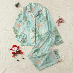 Women's Whimsical Aqua Blue Light Teal Seahorse Turtle Starfish Coral Pattern Satin Pajamas Set