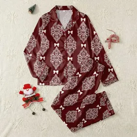 Women's Deep Maroon Pure White Floral Scroll Lace & Delicate Satin Bows Pattern Satin Pajamas Set